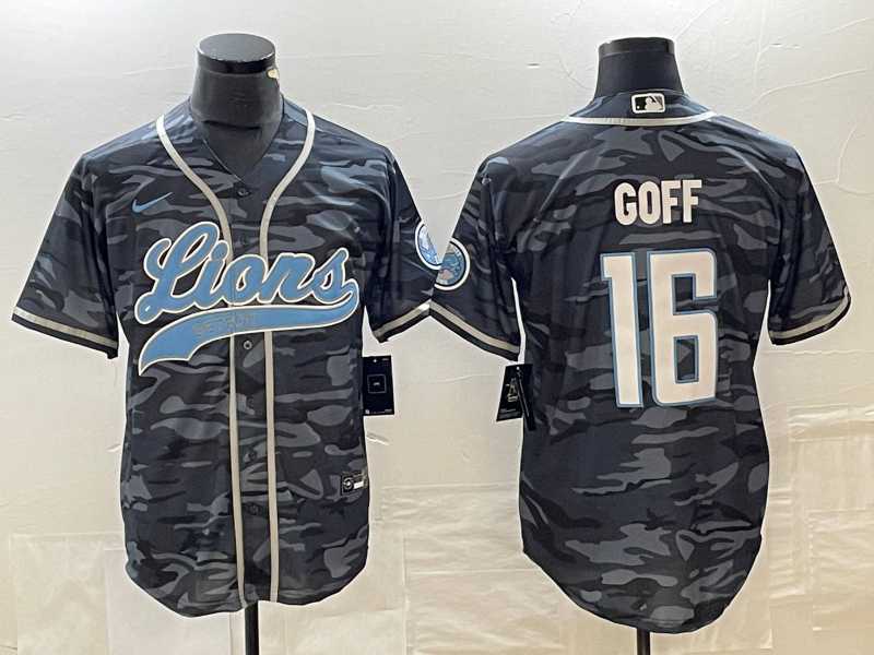 Mens Detroit Lions #16 Jared Goff Grey Camo With Patch Cool Base Baseball Limited Jersey->->
